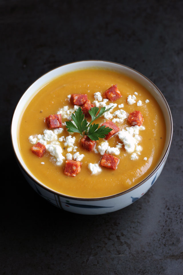 Butternut Squash Pear Soup with Chorizo and Goat Cheese:: not just baked
