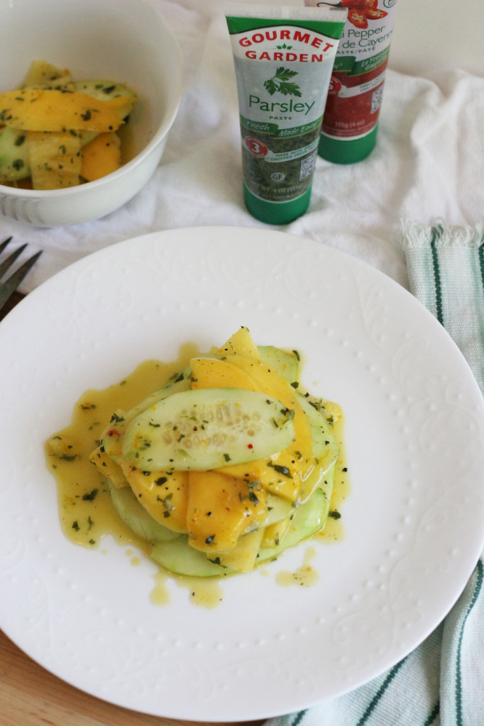 Cucumber, Mango, Pineapple Salad with Parsley, Orange Dressing