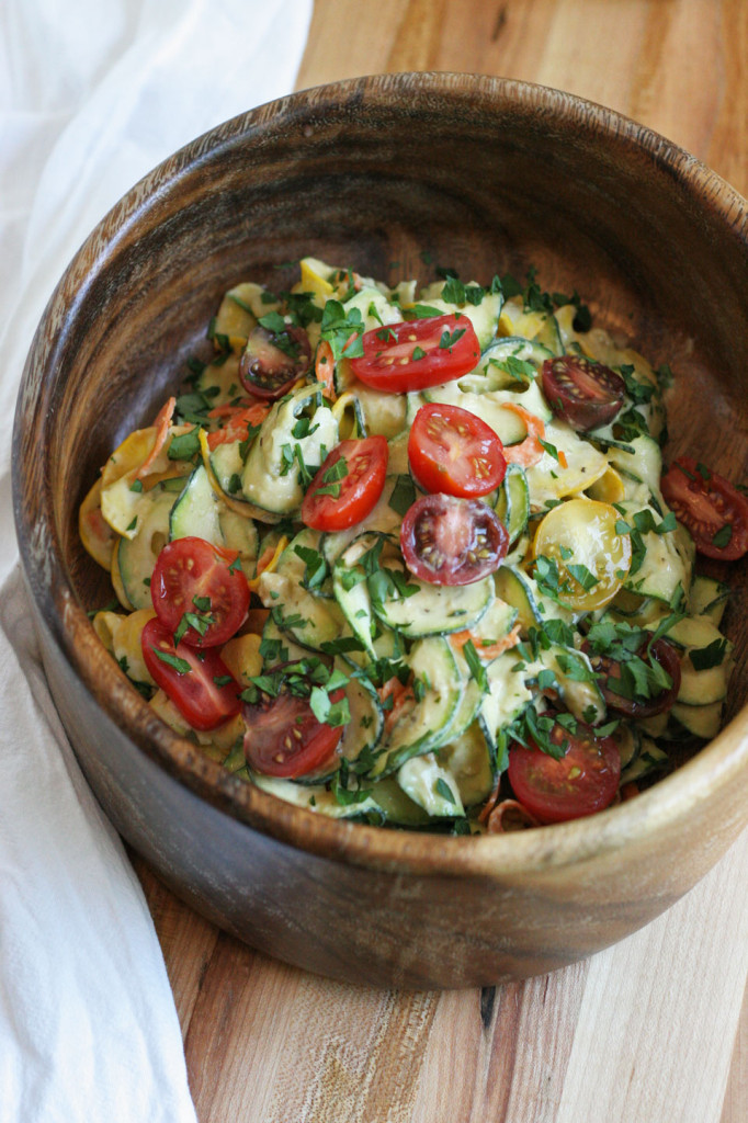 Zucchini Noodles, Heirloom Tomatoes and Pine Nut Hummus Dressing