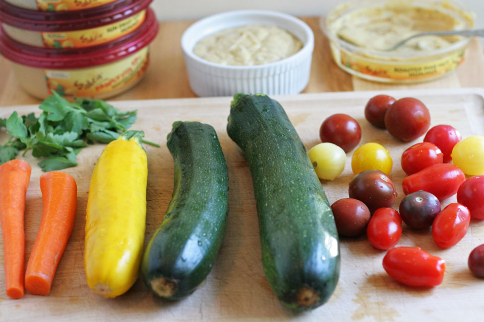 Zucchini Noodles, Heirloom Tomatoes and Pine Nut Hummus Dressing