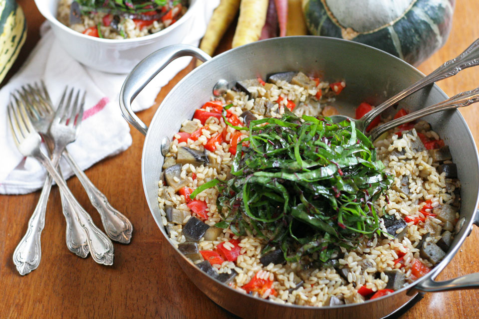 One Pot Brown Rice with Vegetables and Goat Cheese