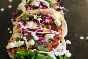 Grilled Yam Tacos with Roasted Poblano Yogurt Sauce